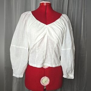 Anthropologie - Small - White Puff Sleeve Soft Front Ruched Top
